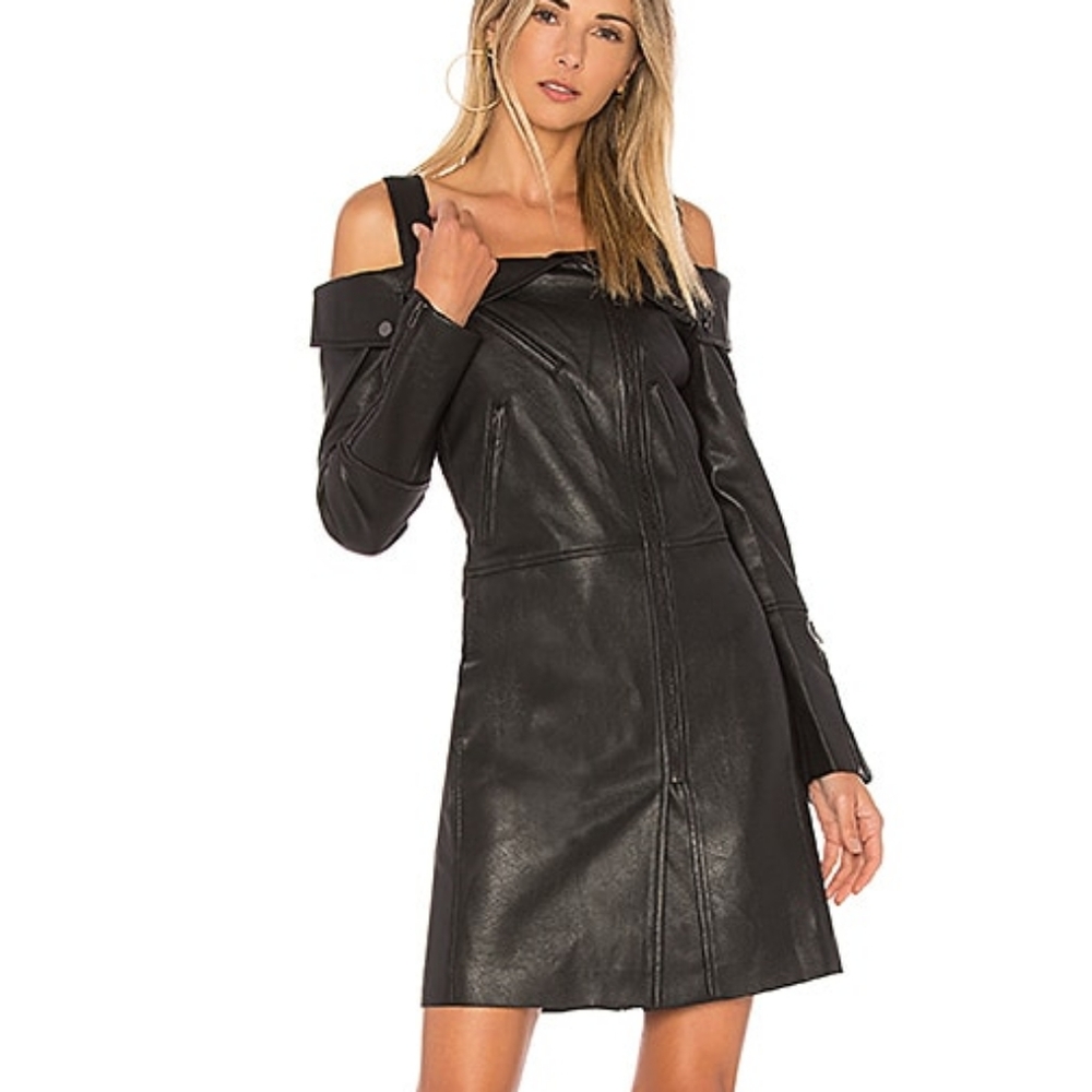 Bcbgmaxazria Atla faux leather off shoulders moto dress
